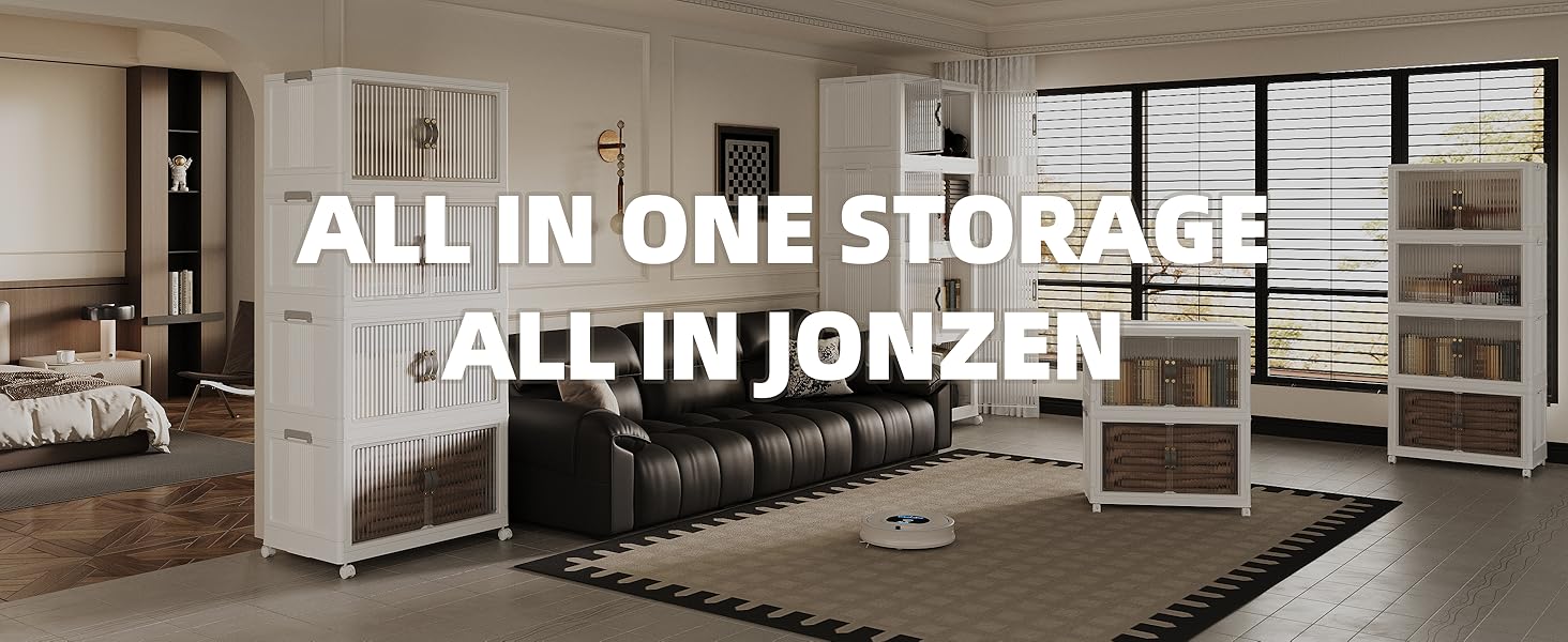 JONZEN 192Qt Plastic Storage Bins with Lid, 48GAL Closet Organizer and Stackable Storage Drawer, Collapsible Clear Box with Wheels, Clothes Cabinet Containers for Home Garage, 4Pack White