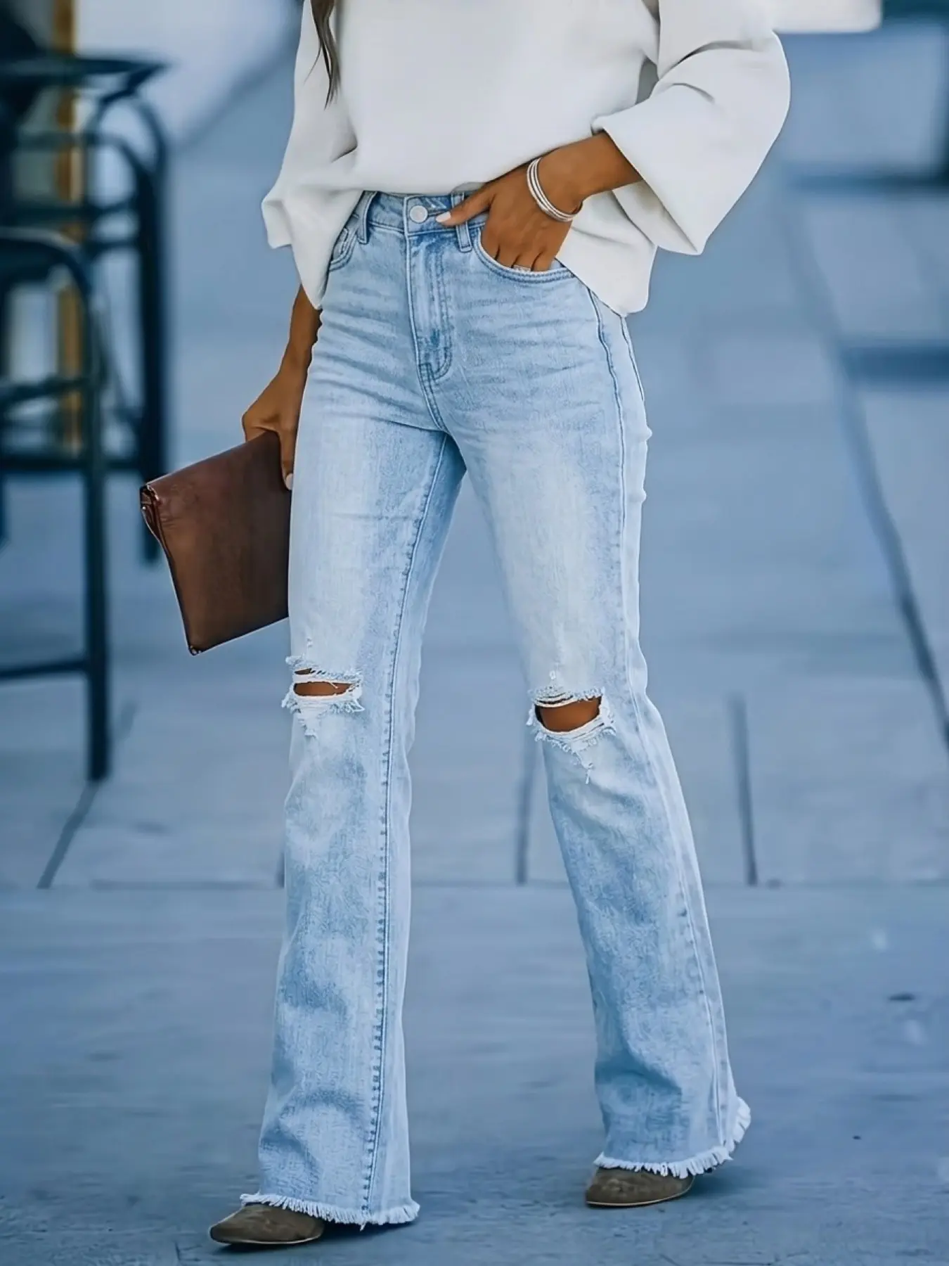 Women's High Waist Ripped Frayed Hem Vintage Flare Jeans, Street Style Daily Wear, Perfect for Spring and Summer