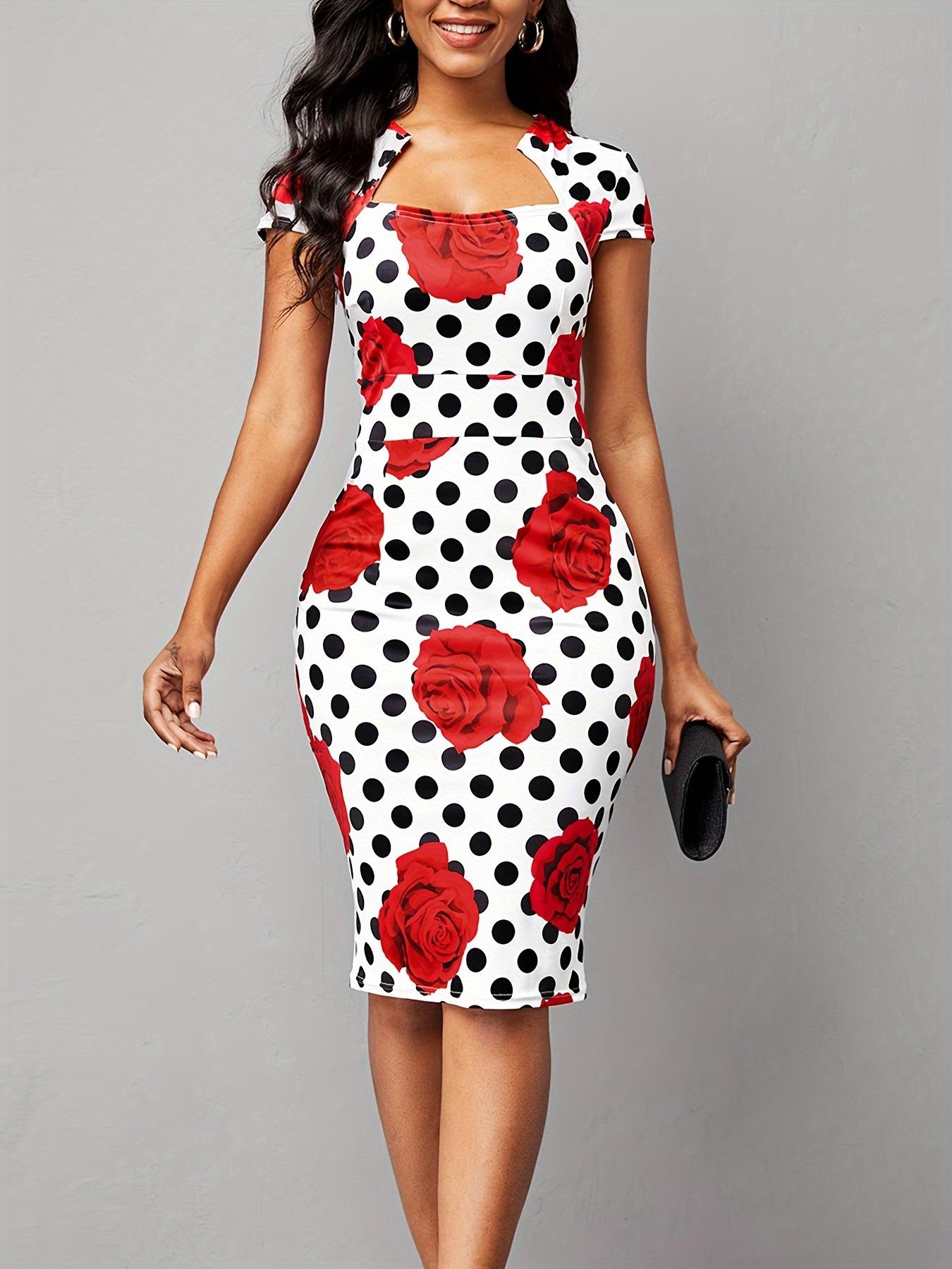 Vintage Cocktail Dress Cap Sleeve 1950s Retro Pencil Dress Wear to Work Dresses for Women Summer Hot Fashion Dress Polka Dot Rose Print Square Neck Short Sleeve Bodycon Dress