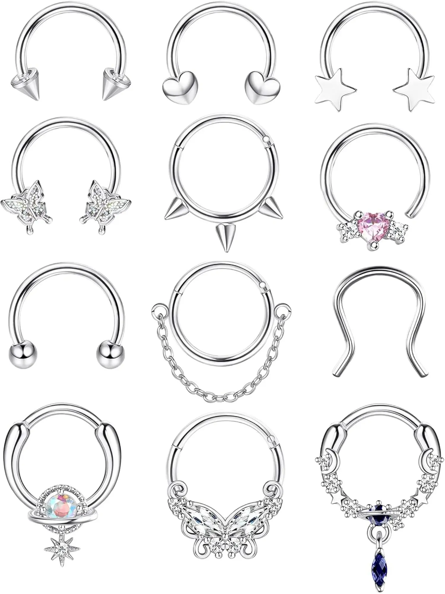 12Pcs 16G 10MM Septum Rings for Women Hypoallergenic Surgical Steel Nose Ring Hoops Hinged Clicker Horseshoe Septum Jewelry, Ball Heart Star CZ Chain Butterfly Dangling Piercing Jewelry
