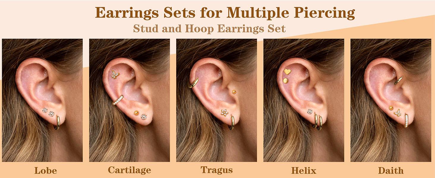 Jstyle 12 Pairs Hypoallergenic Surgical Steel Earrings for Sensitive Ears 14K Gold Plated Flat Back Earrings for Women Men Small Stainless Steel Earrings Flatback Stud Hoop Cartilage Earring Set for Multiple Piercing