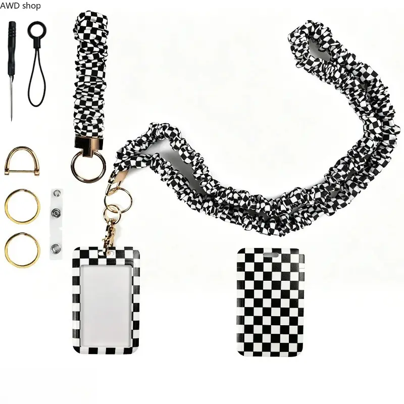 Trendy Checkered Scrunchie Phone Strap Kit, Versatile Tech Accessory with Long & Short Elastic Polyester Lanyards, Sturdy Alloy Hardware, Secure Phone Holder for Sports, Outdoor Activities & Daily Carry