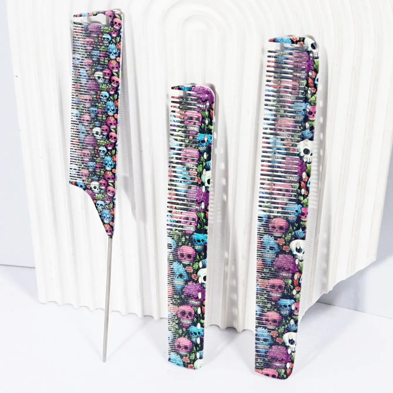 3-Piece Professional Haircut Comb Set, Print Pattern, Salon-Grade Tail Combs, Dual-Sided Dense Teeth, Precision Parting, Suitable for Salons