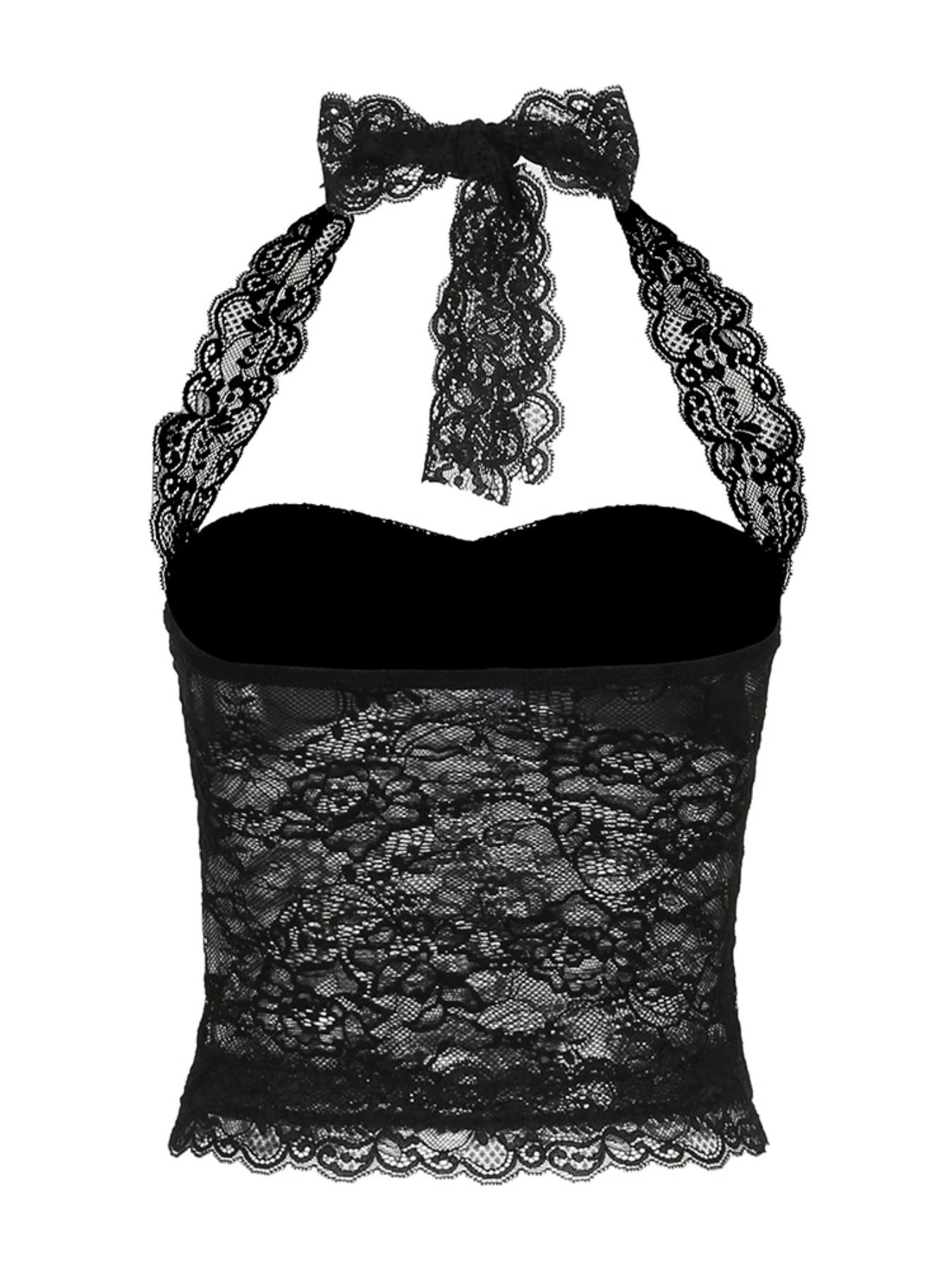 Women's Solid Lace Crop Halter Neck  Top, Y2k Fashion Casual Backless Sleeveless Top for Summer, Women's Clothing for Daily Wear, Womenswear