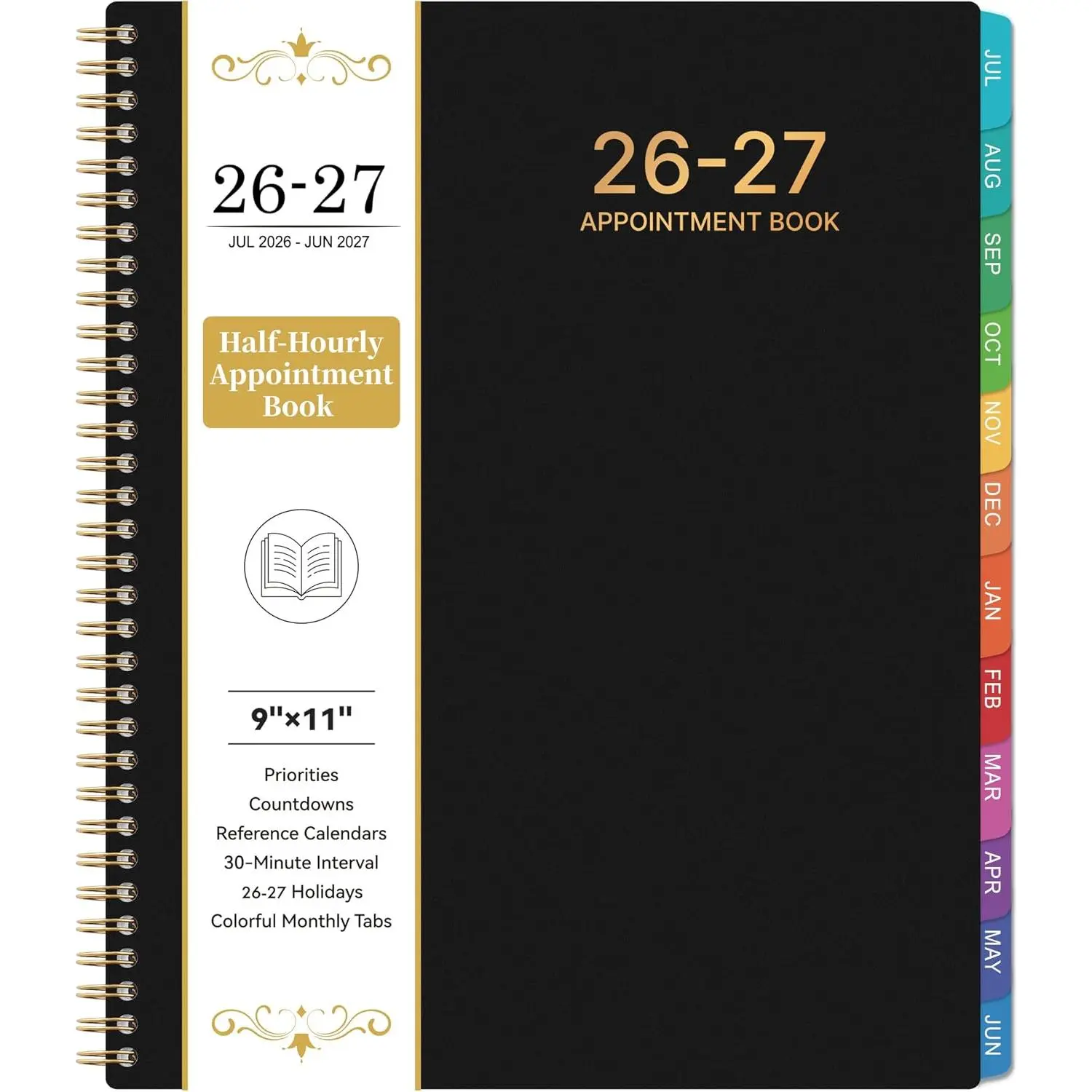 Appointment Book 2026-2027 - Planner 2026-2027, 9" x 11", July 2026 - June 2027, Daily Hourly Planner with 30-Minute Interval, Weekly & Monthly, Colorful Monthly Tabs, Inner Pocket - Black
