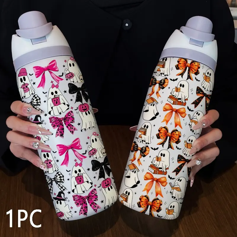 32oz Stainless Steel Insulated Tumbler, Ghost Bow Design, Dual Drinking Mouths, Perfect Gift for All Seasons, Ideal for Cold & Hot Drinks
