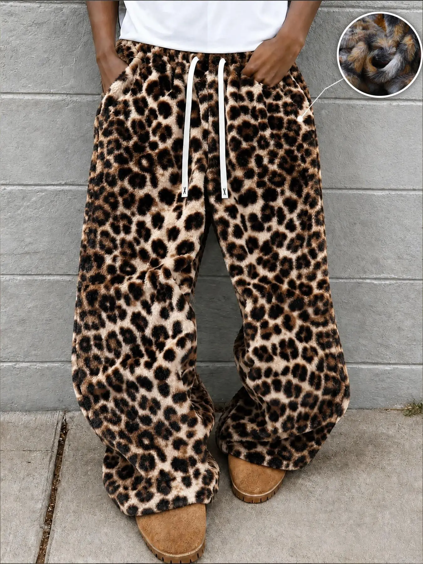 Men Women Leopard Print Sweatpants, Thickened Drawstring Waist, Loose Fit, Street Style, Casual Outdoor Pants, Perfect for Gatherings
