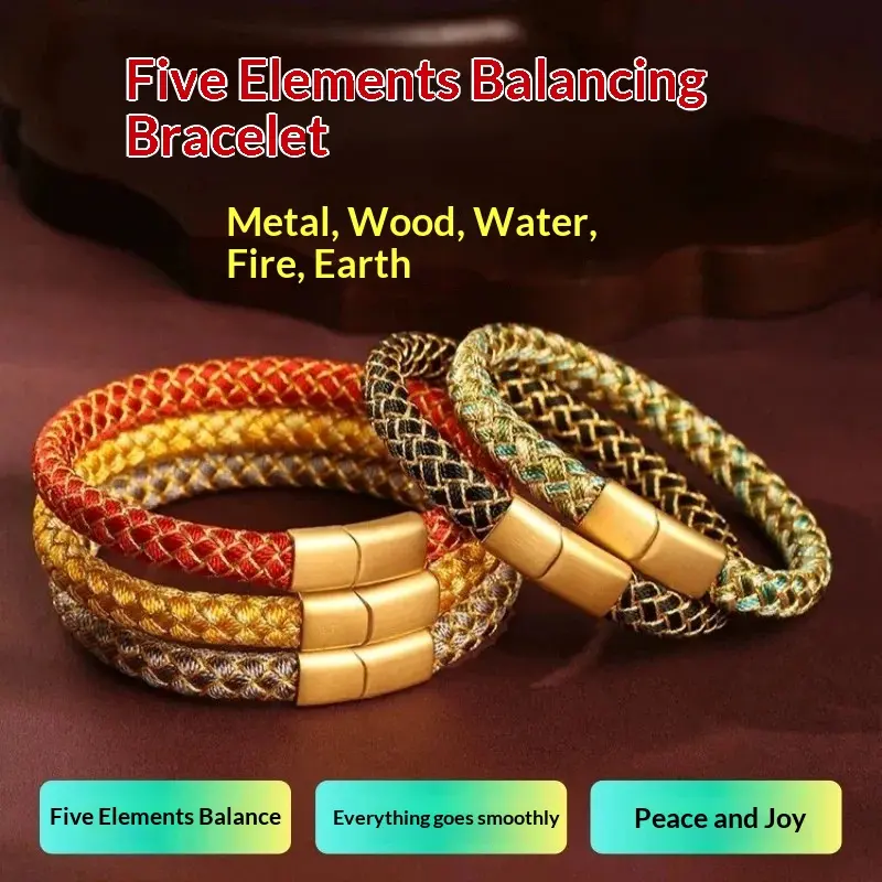 5 Elements Dragon Scale Bracelet - Multicolored Rope with Gold, Wood, Water, Fire, Earth Accents - Red Rope Bracelet for Men's Zodiac Year & Women