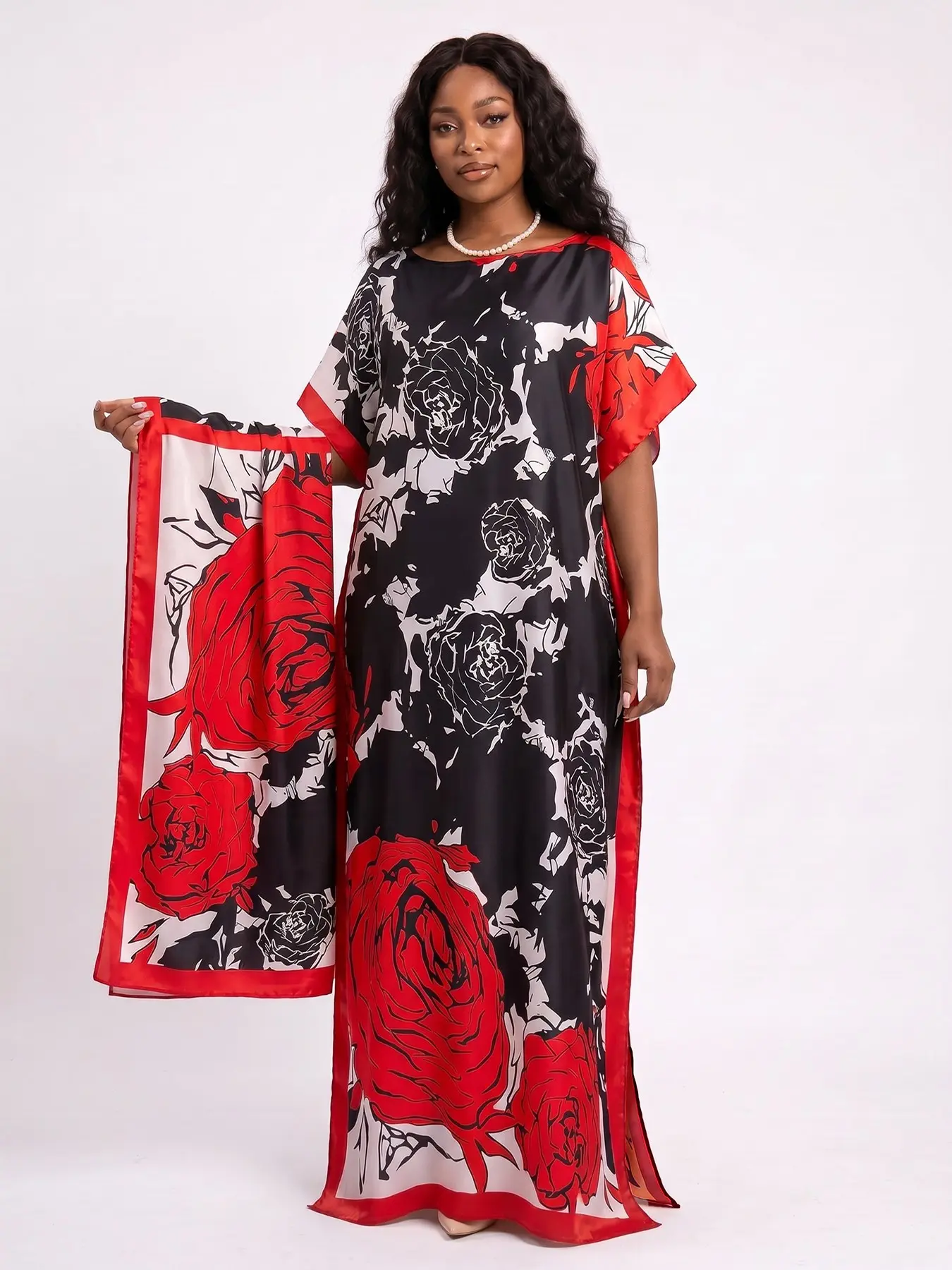 2-Piece Black & Red Floral Silky Kaftan Maxi Dress with Headwrap Set, Oversized Summer Beach Cover Up, Comfortable Boho House Dress