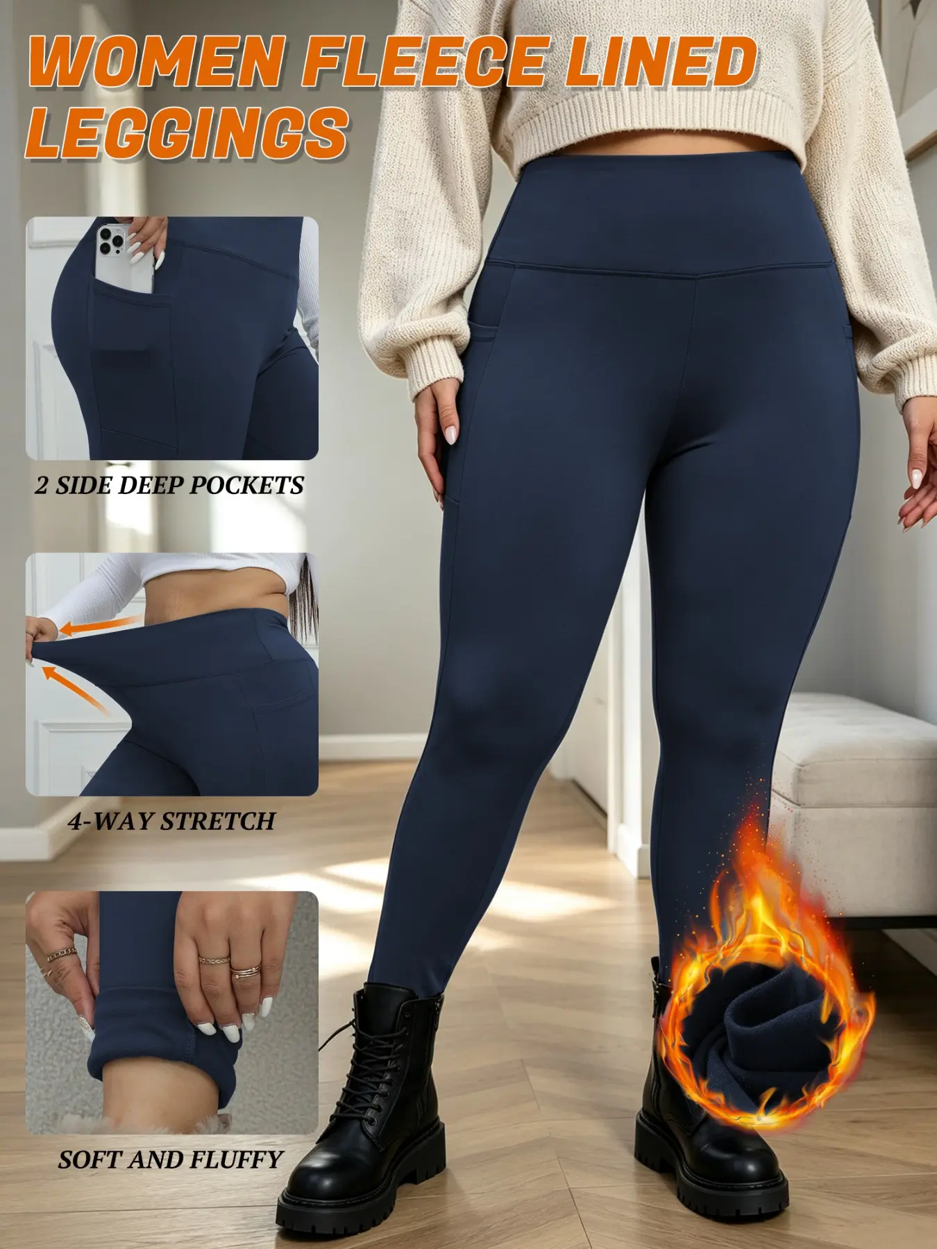 Plus Size Fleece Lined Leggings with Pockets, High Waist Tummy Control Thermal Winter Leggings 4‑Way Stretch Soft Warm Pants for Curvy Women