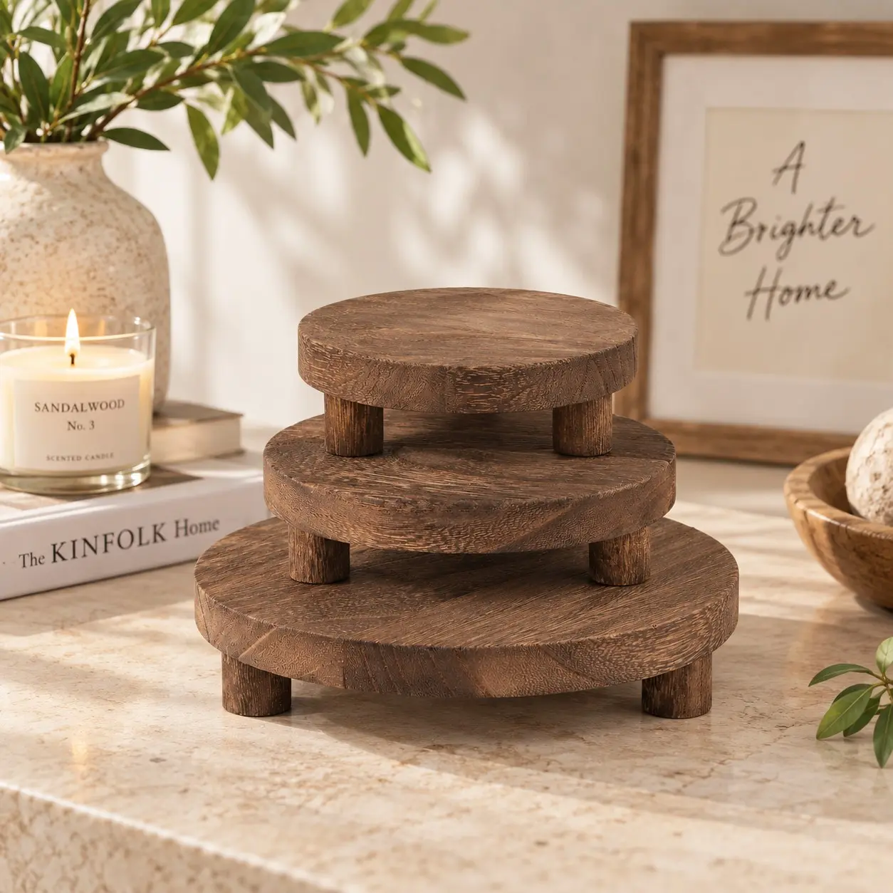 3 Pack Wooden Display Risers, Round Tiered Tray Stand Set, Low Profile Decorative Decor Riser for Candles, Bathroom Counter, Kitchen, Coffee Table & Home Organization