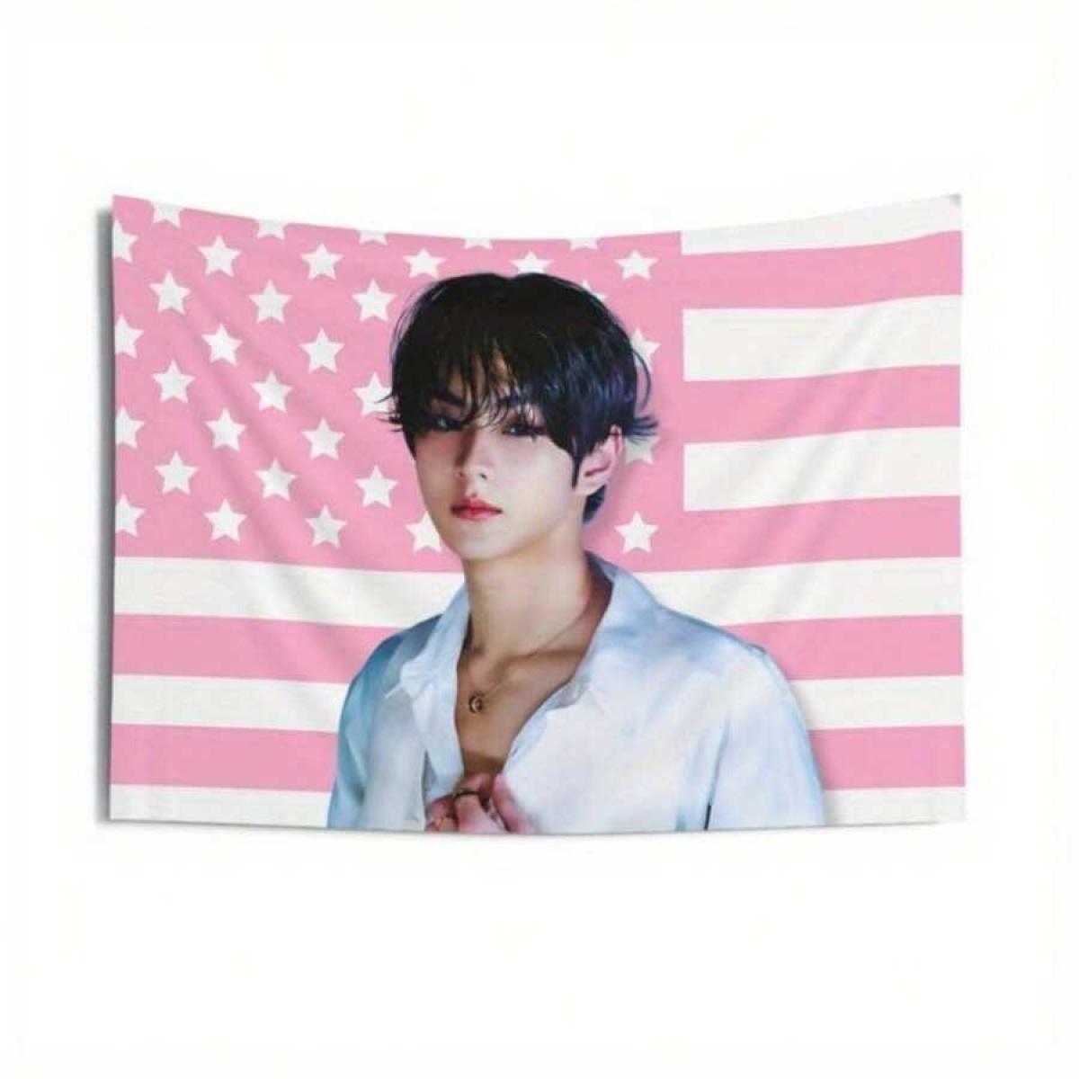 1pc Enha Jungwon Kpop Tapestry Banner American Flag Design With Stars & Stripes Polyester Fabric  Peach Light Beige Velvet Texture Perfect For Kpop room decor