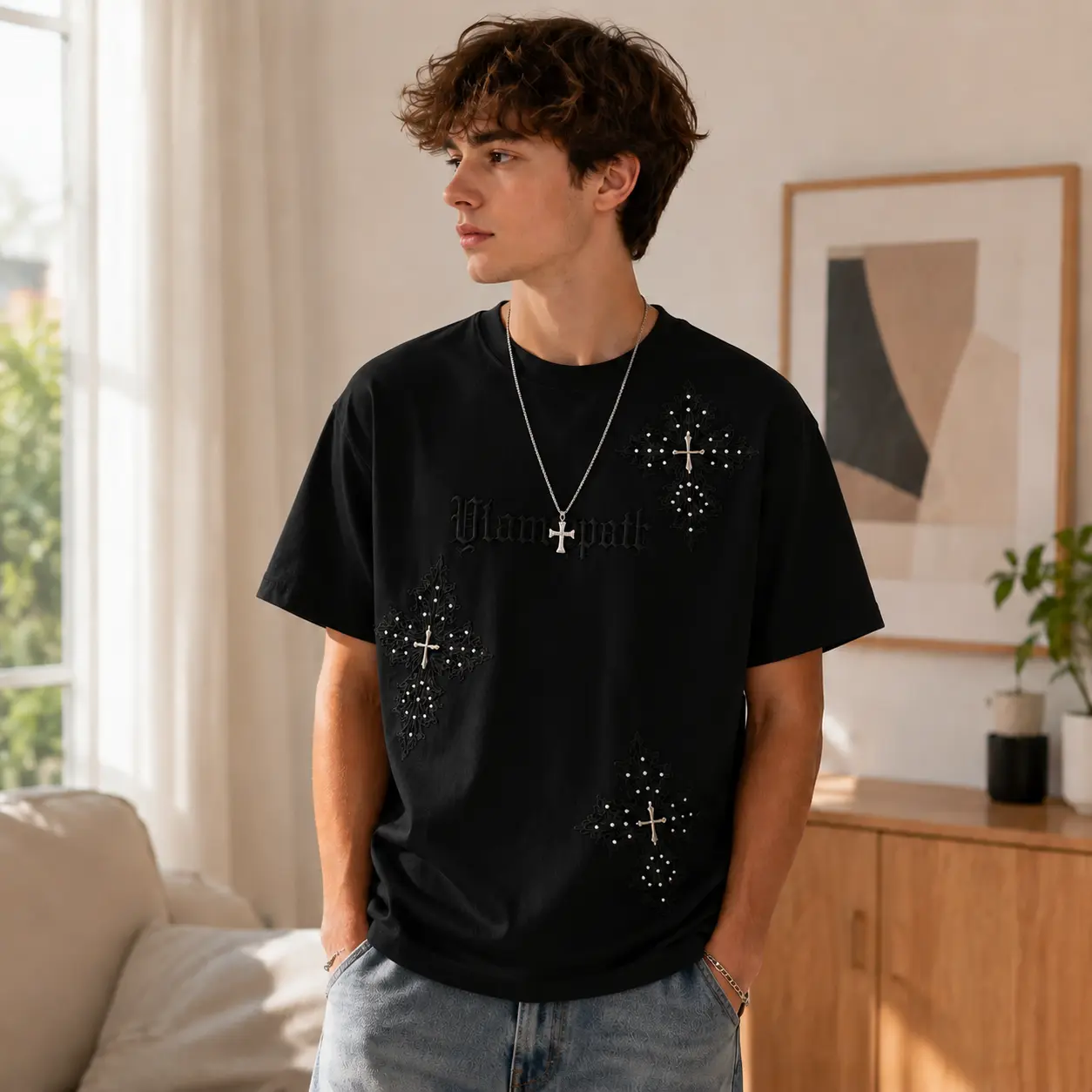 Men's Heavy Industry Streetwear T-Shirt, Versatile Short Sleeve Crew Neck Top with Diamond Embroidery for Casual Daily Wear, Tshirt, Shortsleeve, Stylish, Menswear