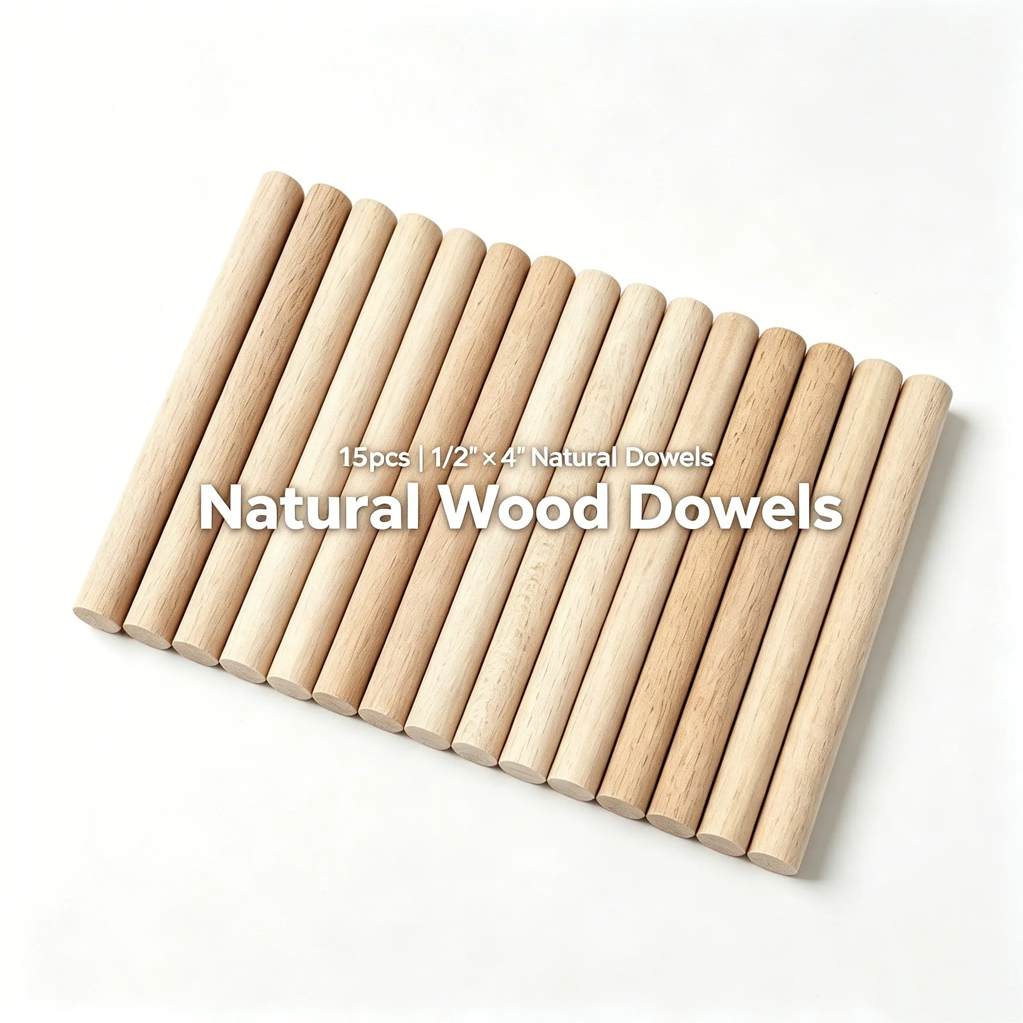 15pcs Natural Beech Wood Dowel Rods 1/2" × 4", Unfinished Wooden Dowels for Crafts, Gardening, Bird Perch & DIY Projects, Harvested in China