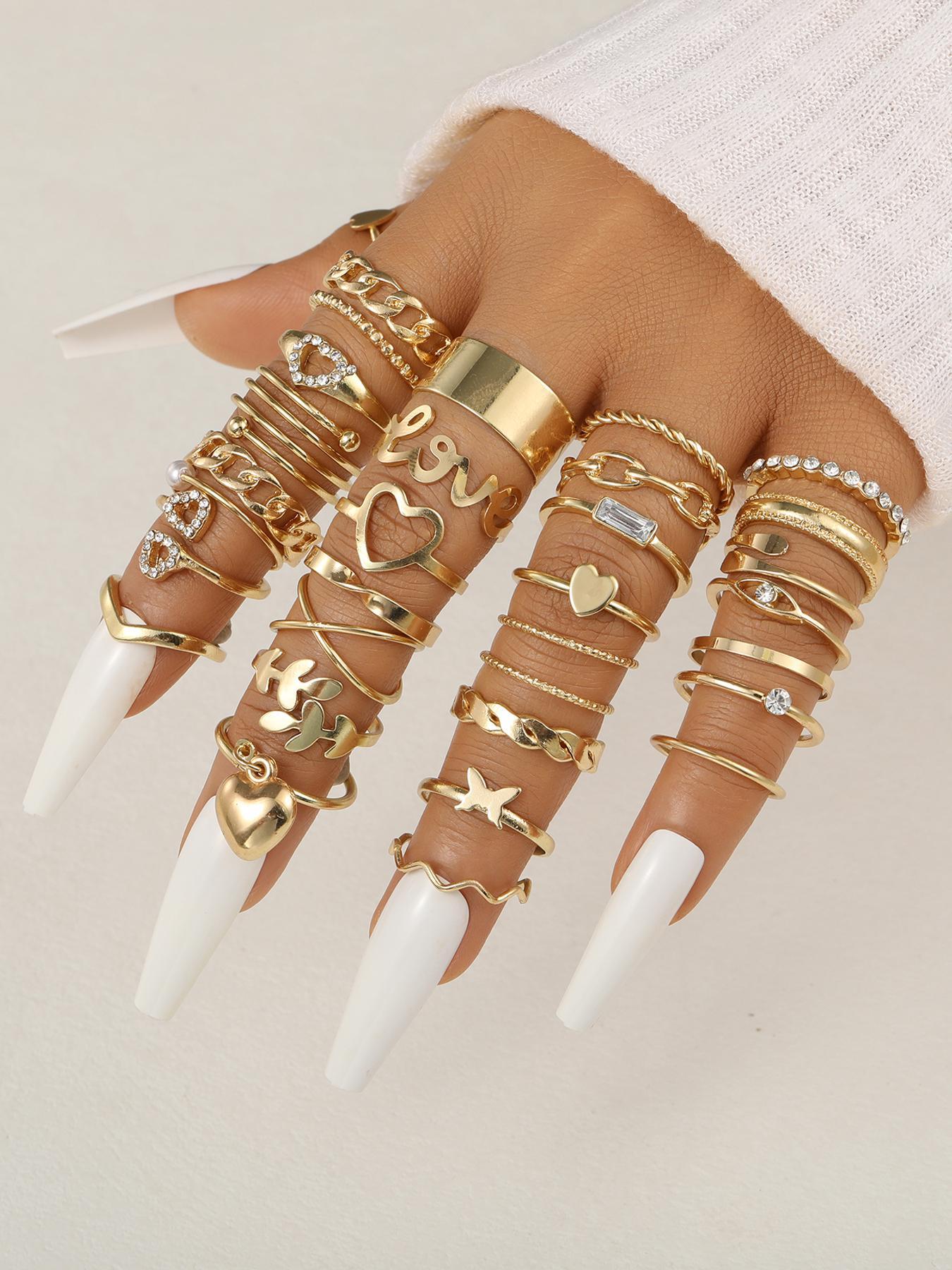 30pcs/set Women's Elegant Rhinestone Decorated Butterfly, Heart & Leaf Design Ring, Cute Rings, Vintage Casual All-match Jewelry for Girls Gift, Simple Classic Fashion Accessories for Daily Wear