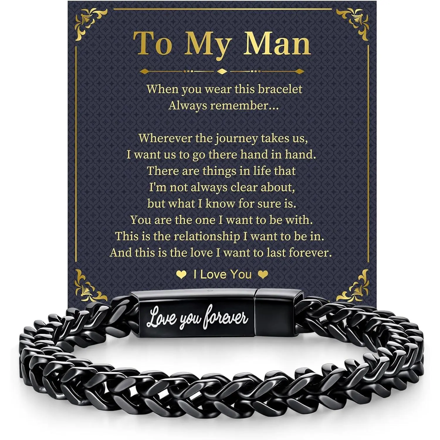 Black Chain Bracelets for Men : Stainless Steel Franco Chains Love you Forever Engraved Link Men's Bracelet to Son Man Husband, Sentimental Jewelry Gifts Ideas for Birthday Valentines Anniversary