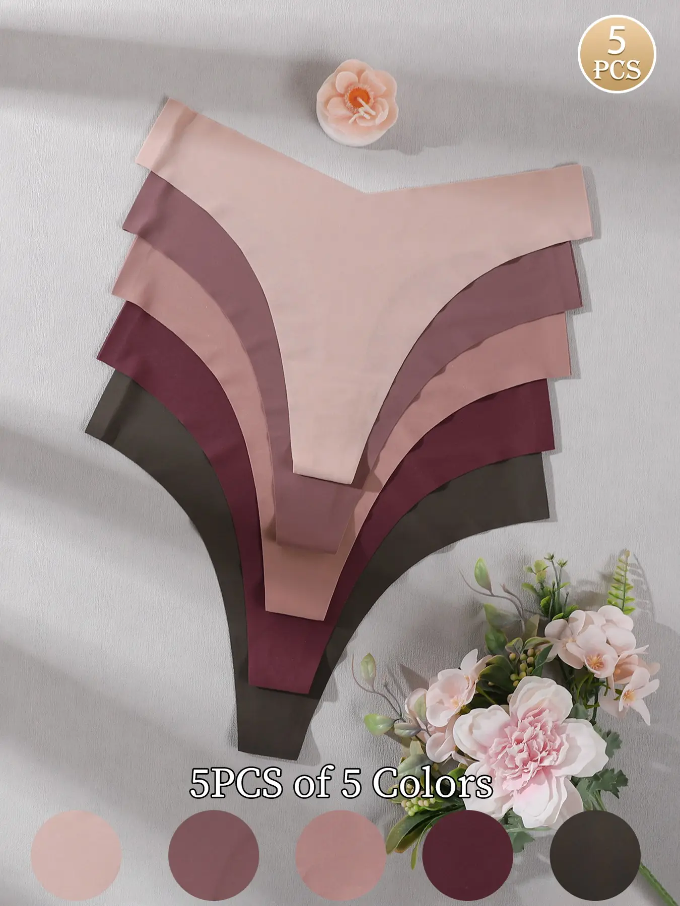 5-Pack Low Saturation Earth Tone Seamless Thong Underwear, One-Piece Ice Silk Invisible Panty, Yoga Tight Bottoms, Zero Trace T-Shirt
