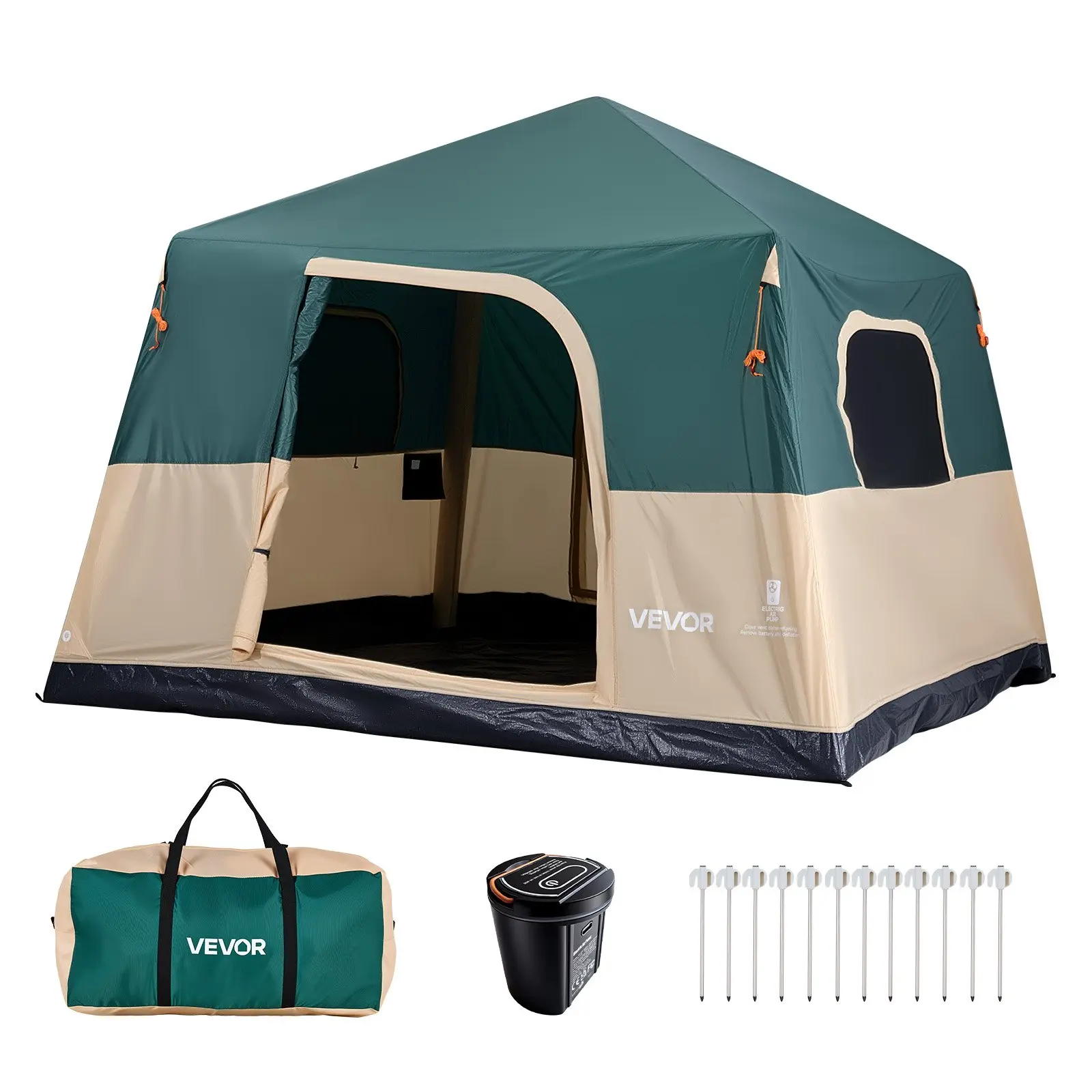 VEVOR Camping Tent, 6 Person Inflatable Cabin Tent with Rechargeable Pump, TPU Air Tube & 4 Large Mesh Windows, Portable Easy Setup Waterproof with Carry Bag for Family Outdoor Camping & Hiking, Green