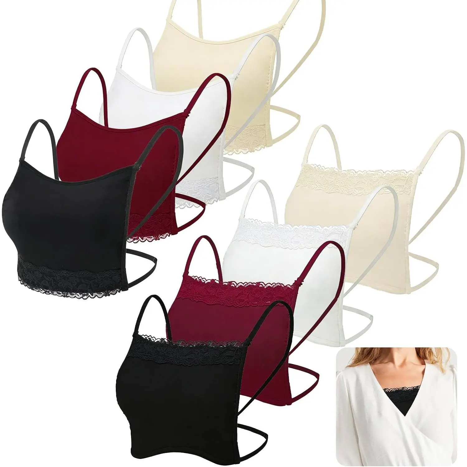 4 count Women's Floral Lace Mock Camisole Lace Cleavage Cover Modesty Panel Hook to Bra Insert Mock Camisole Sets, Anti-Exposure Brooch Pins Reversible Neckline