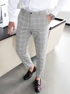 Men's Summer Plaid Suit Pants, Anti-Wrinkle Casual Long Pants, Options, Classic Check Design, Comfortable Office Wear