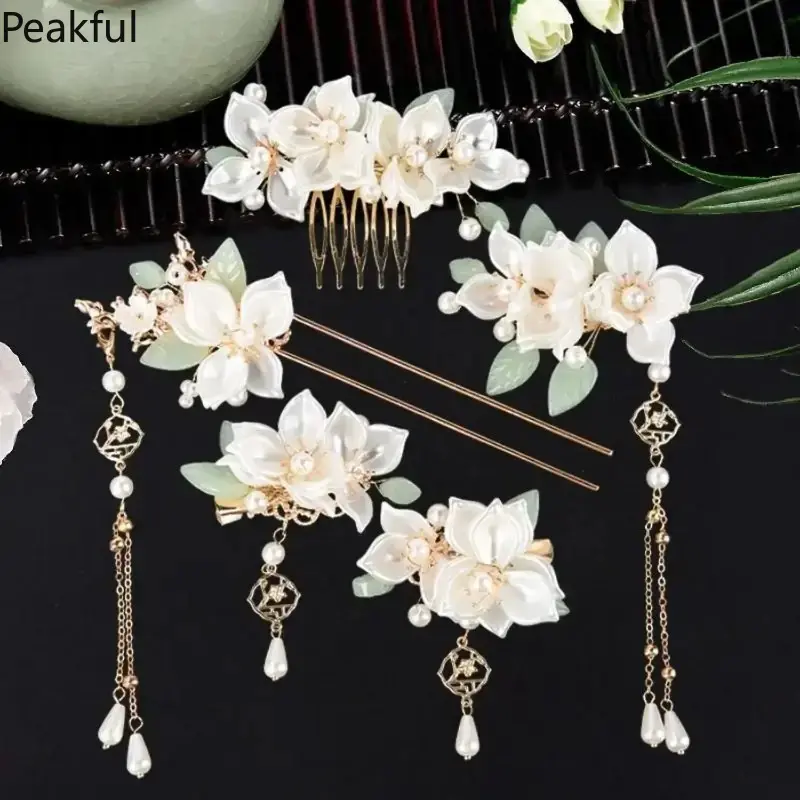 5PCS Vintage Camellia Hair Clips & Bag Charms, Alloy Pearl Rhinestone Pins with Tassel, Kawaii Wedding Prom Graduation Hair Accessories, Super Cute Gifts for Mother's Day & Valentine's Day