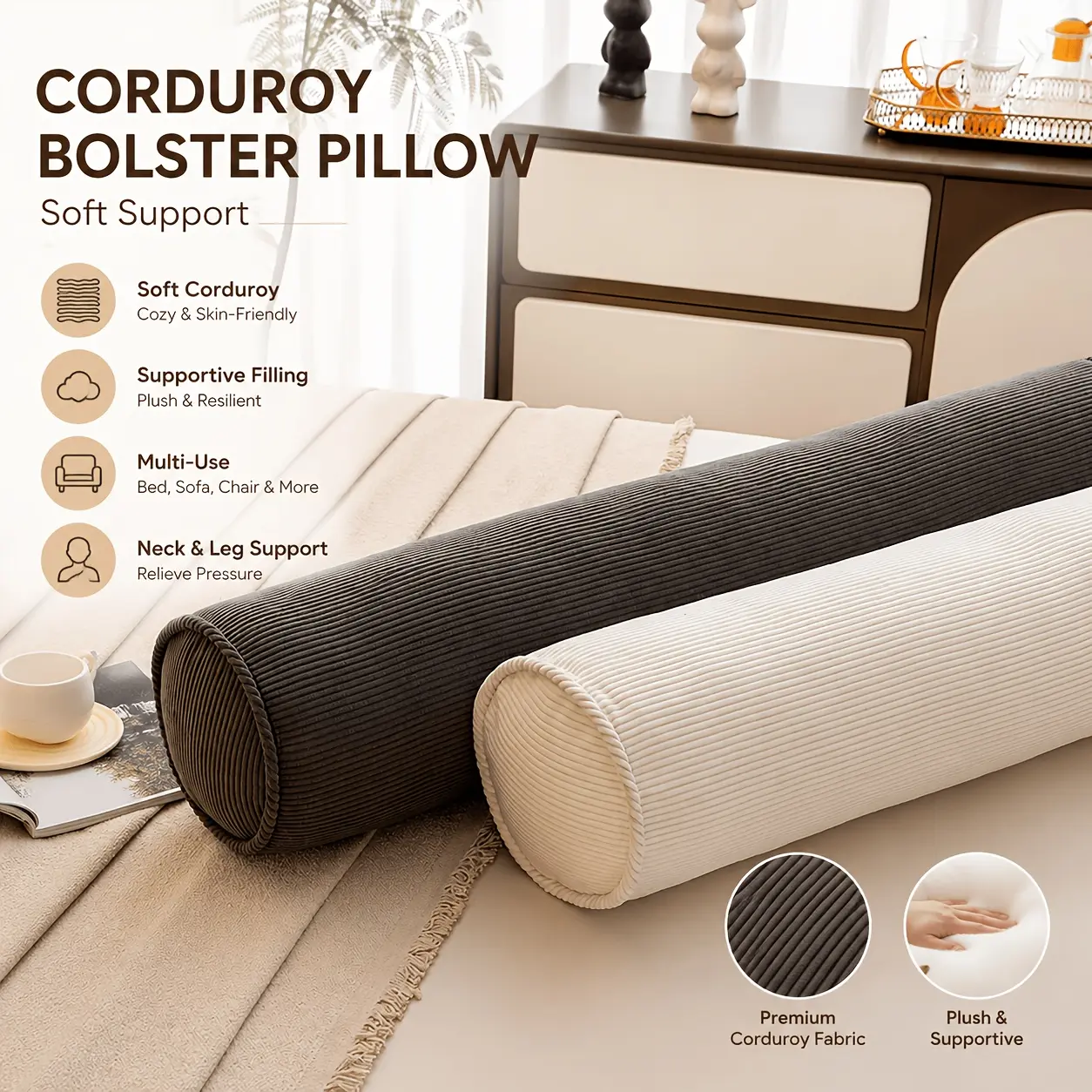1‑Piece Striped Corduroy Cylindrical Bolster Pillow, Oblong Support Roll Pillow, Removable Pillowcase, Neck Waist Leg Body Support Pillow, for Sofa, Bed and Bedroom Home Decoration