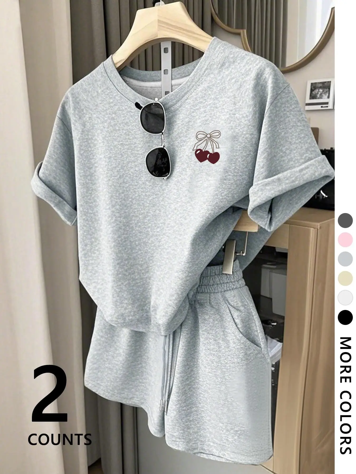 Women's Summer Casual Cherry Print T-Shirt Set, Short Sleeve Two-Piece, Trendy and Comfortable Daily Wear, Youthful Street Style