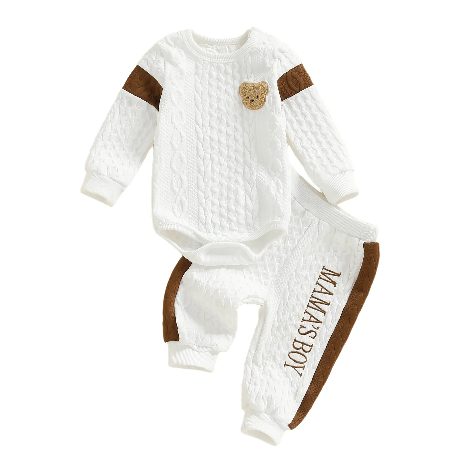 Baby Infant Boy Outfits Mama's Boy Long Sleeve Bear Embroidery Textured Romper With Pants Newborn Fall Winter 2Pcs Set 0-18 Months