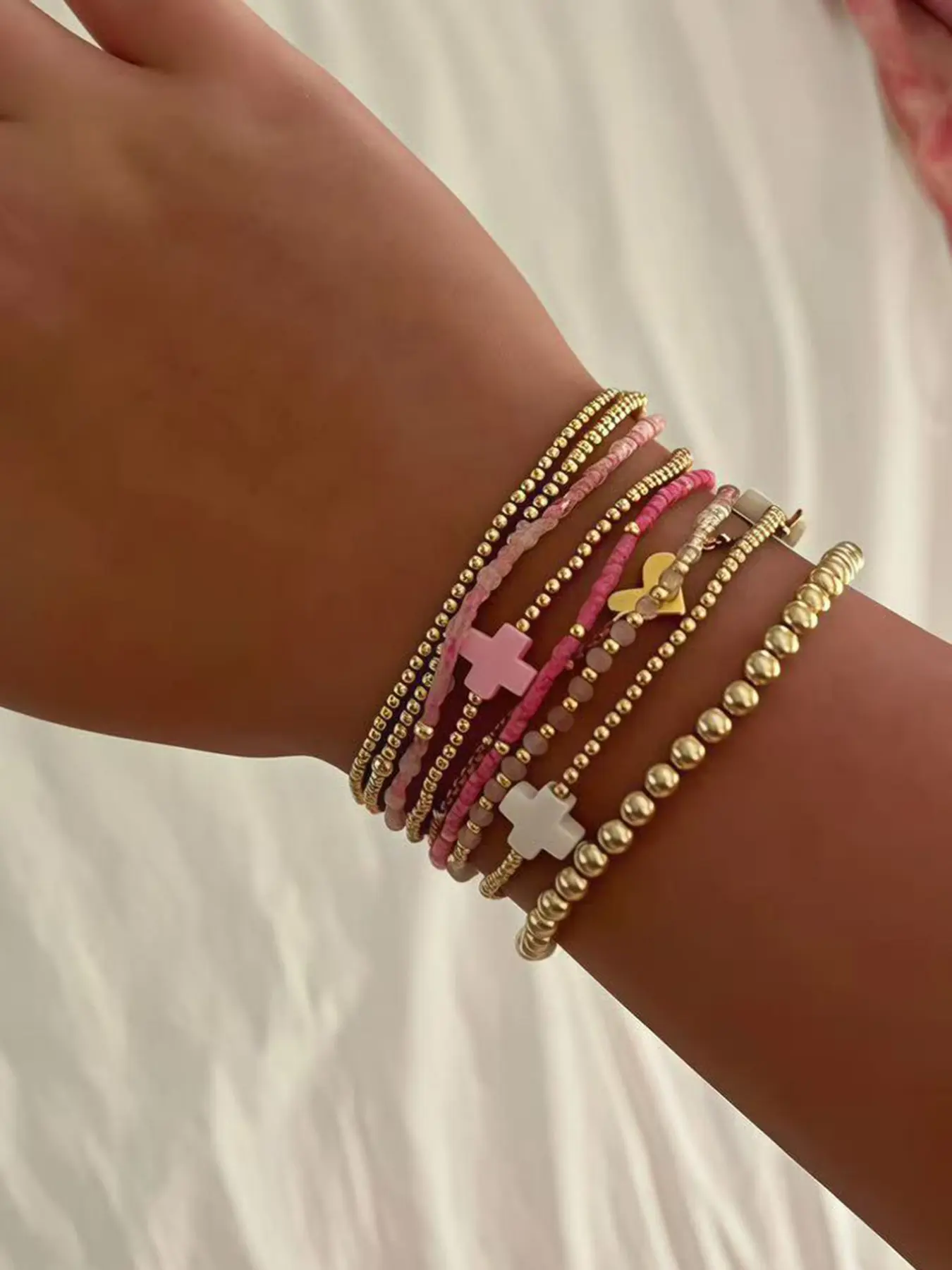 9-Piece Women's Cross Ccb Beaded Bracelet Set, Layered Stretch Bracelets, Stackable Bangle Bracelets, Perfect Birthday Gift, Elegant Jewelry Collection