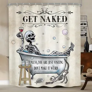 Fun Skeleton Shower Curtain — Gothic, Spooky, Unique, and Cool; Featuring Bones in Bathtub Bubbles, Creepy Cats, and Fish; Vintage Horror-Themed Bathroom Decor; Made of Polyester Fabric; Hooks Included.