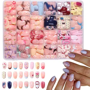 576pcs Medium-Length Oval Fake Nails, High Transparency, Floral, Polka Dot, French Tip, Floral Print, Grid Patterns, Easy Wear, Spring Style