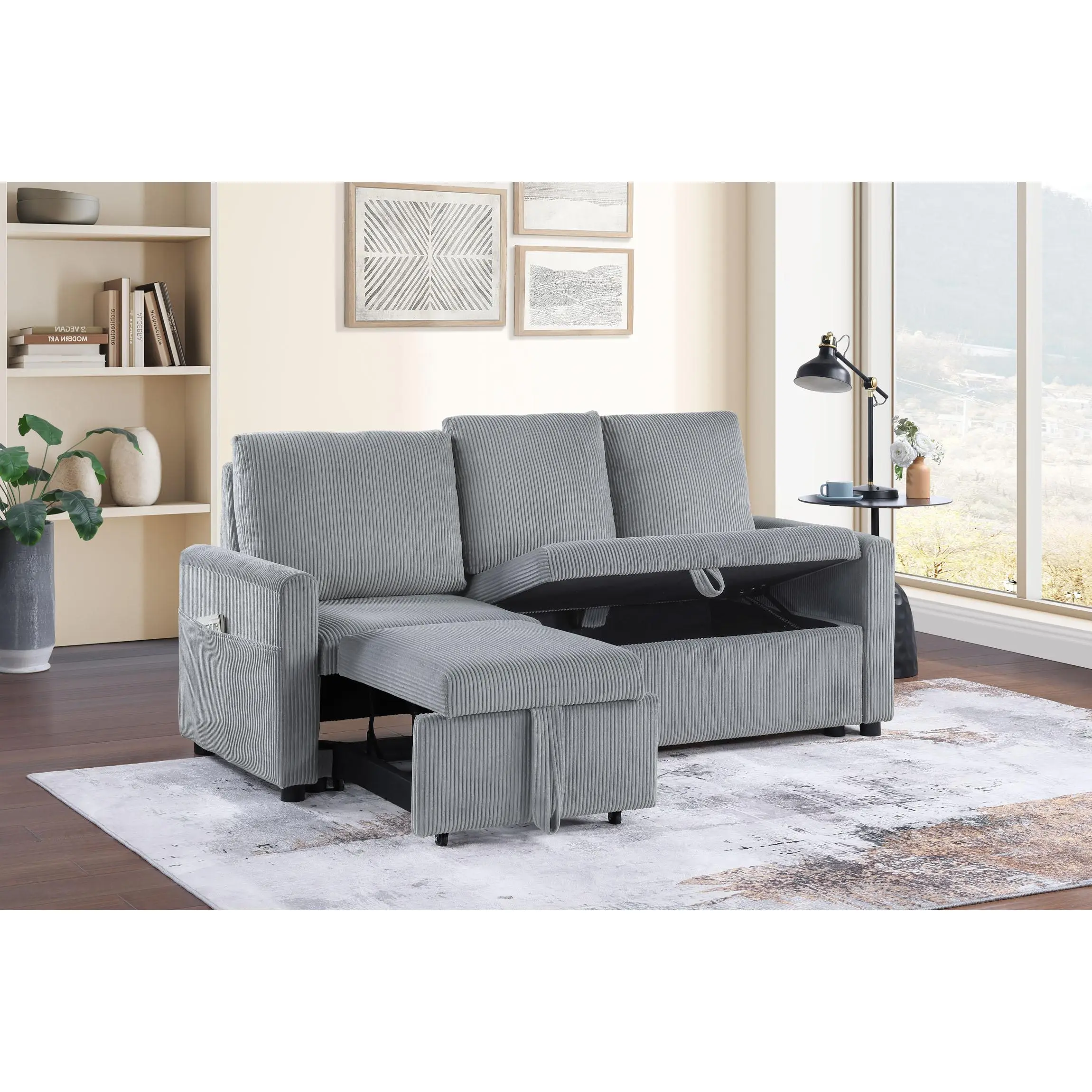 Nokaa 70"W Gray Corduroy Sofa with Pull-Out Chaise, Underseat Storage, Side Pockets, 3-Seat Loveseat for Living Room, Apartment, Home Theater, Full Foam Seating, Black Plastic Legs, 172 lb, Gray Color, Corduroy Material, 3 Seat