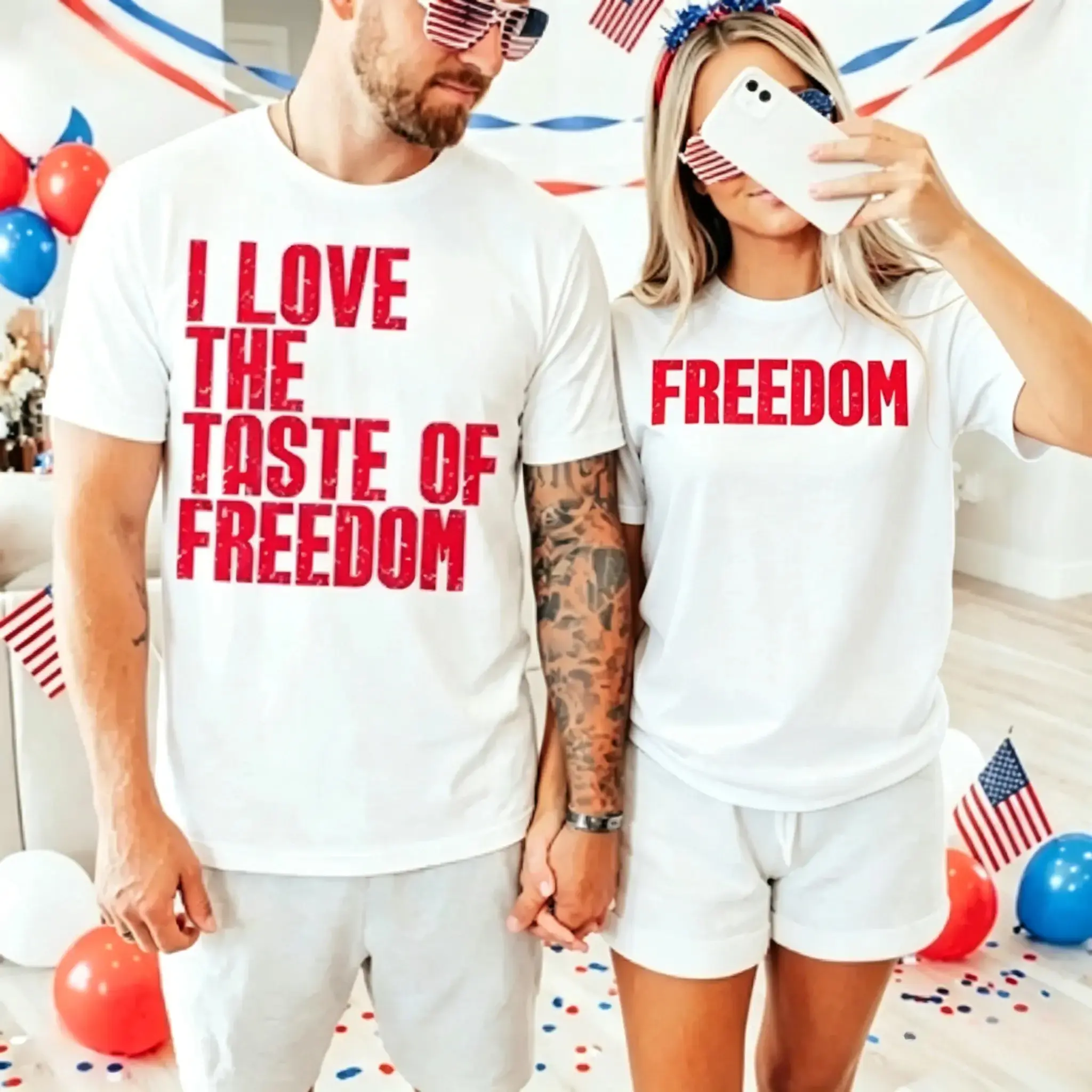Couples' Matching Short-Sleeve Round Neck Sports Tops Set, Multi-Size Raunchy Look 4th of July Casual Drinking Outfits for Husband-Wife Bar Crawl Independence Day Attire