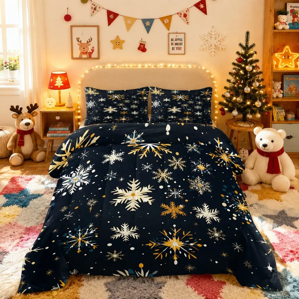 3pcs Tibetan Blue Bottom Golden White Snowflake Light Luxury Winter Snowflake Seam Quilt Pillowcase Set Christmas Winter Bedroom Bedding Includes Seam Quilt 1+Pillowcase 2 (excluding pillow core) Holiday Bedroom Guest Room Dormitory Bedding