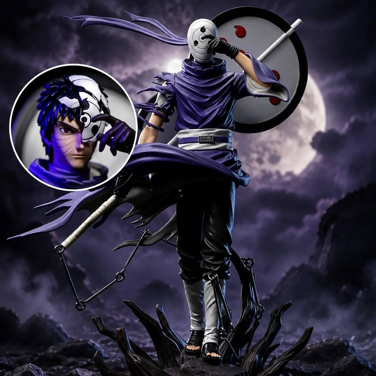 Naruto Uchiha Sasuke Dual Head Statue, Battle Damage Design, Interchangeable Mask, PVC Detailed Painting, Collectible Figure