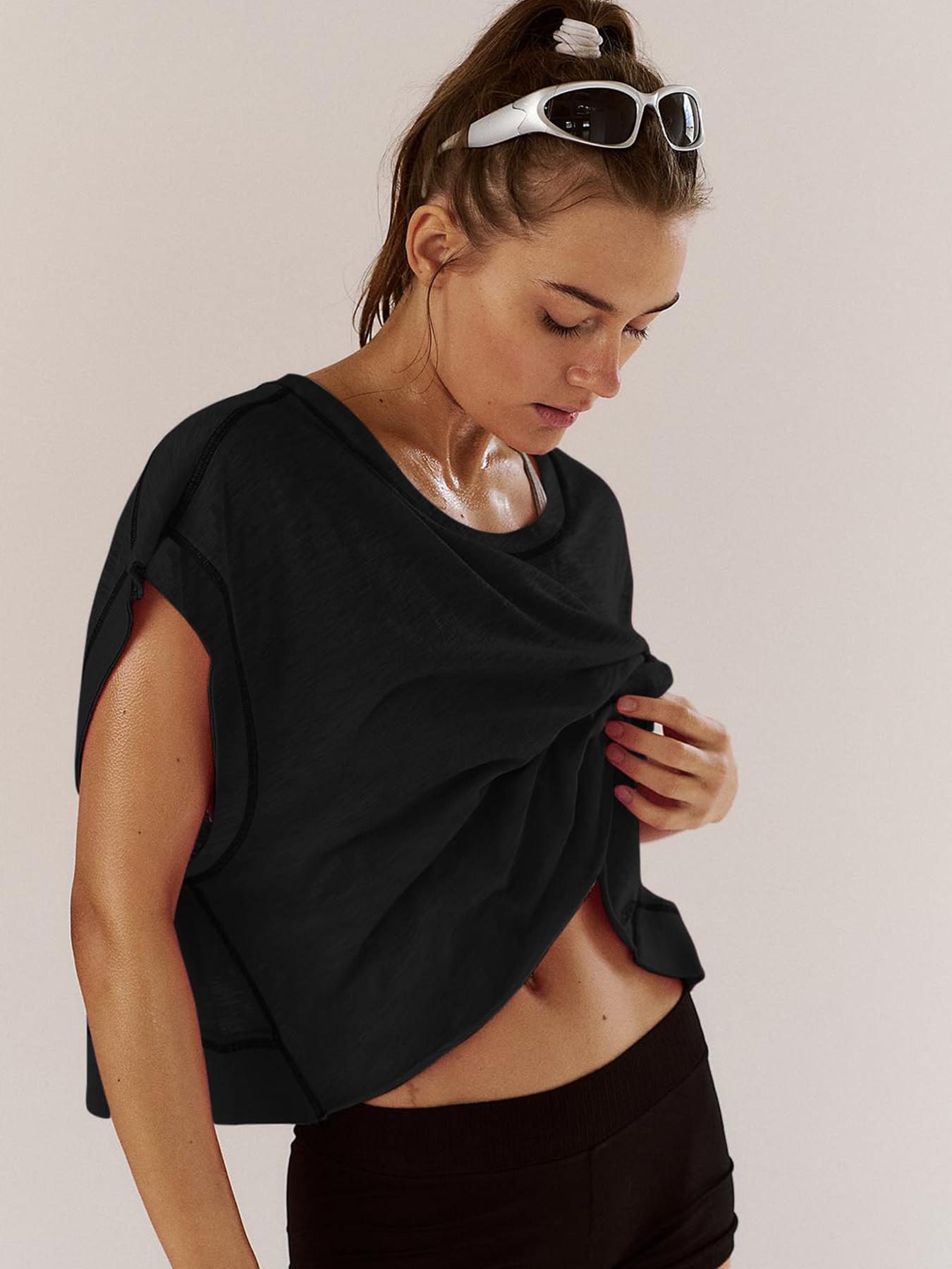 Renaishow Women's Open Back Workout Top Oversized Backless Athletic Short Sleeve T-Shirt for Gym & Casual Wear tiktokshopspringglowup
