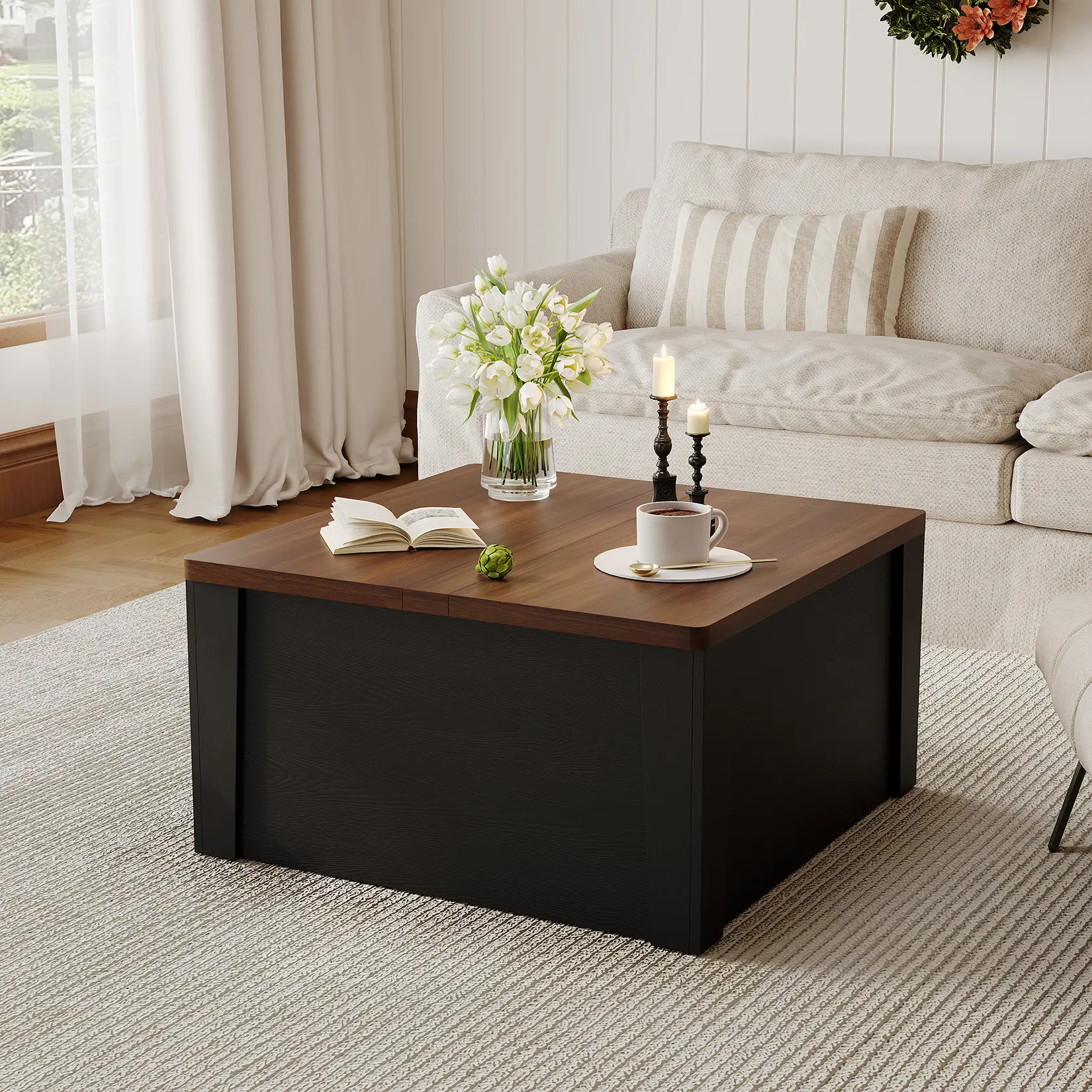 Farmhouse Square Coffee Table with Flip Top Hidden Storage, Gas Struts & Drawers, Easy-Clean Walnut Grain Surface Indoor Outdoor Living Room Table