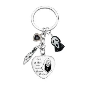 Horror Movie Lover Keychain for Women • Just A Girl Who Loves Horror Movies Engraved Heart Keyring Spooky Slasher Charms Goth Jewelry Gift