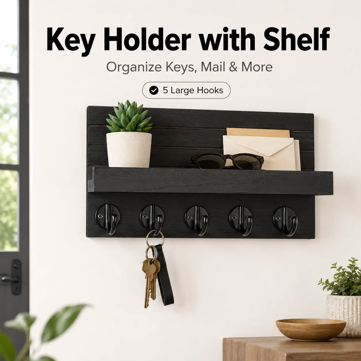 Wooden Decorative Wall Key Holder with Shelves - Hanging Mail Organizer for Indoor Use, Large Hooks for Bags, Coats, Umbrellas, Mounting Hardware Included