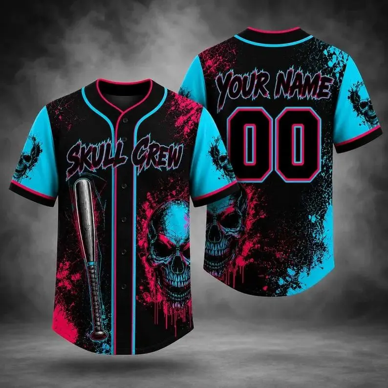 Vibrant Contrast Skull Crew Pattern Short Sleeve Baseball Jersey, Vintage Gothic Horror Casual Streetwear Gift # TikTokMadeMeBuyIt # DarkGothBaseballJersey # GrungeSkullFullPrint # HorrorStreetFashion # StreetwearEssential # EdgyFashionTop # HorrorLoversG