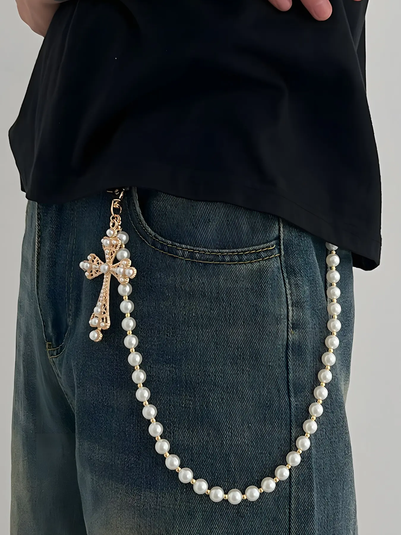 Gold Pocket Chain Pants, Single-Layer Faux Bead Round Bead Cross Charm Jean Wallet Chain Men Women, Y2K Punk Hip Jewelry, Wearable Jewelry, Body Jewellery, Jeans Skirts Party Festival Accessory