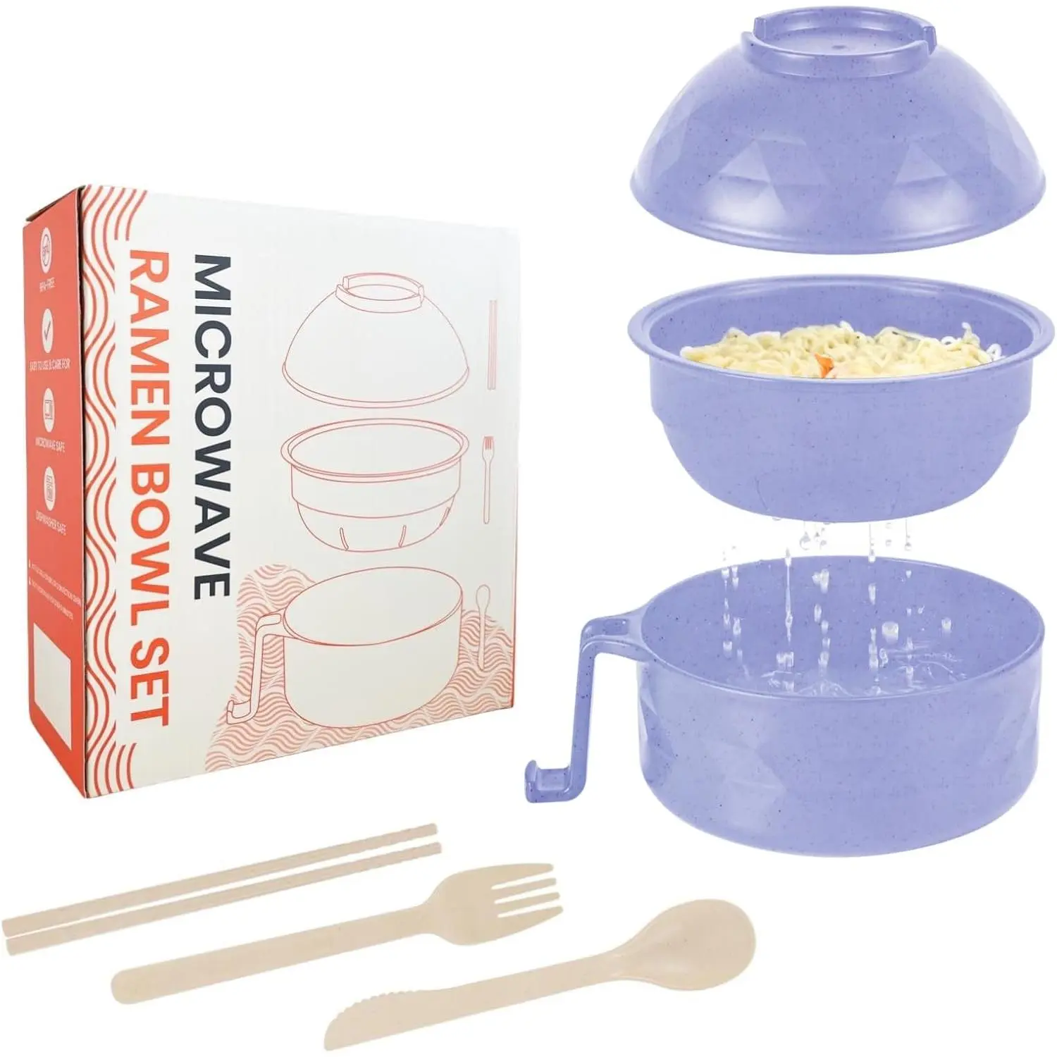 BPA-Free Microwave Ramen Plastic Bowl Set (Light Purple) - Includes Chopsticks, Spoon, 1 Set College Dorm Room Essentials for Students, One Set