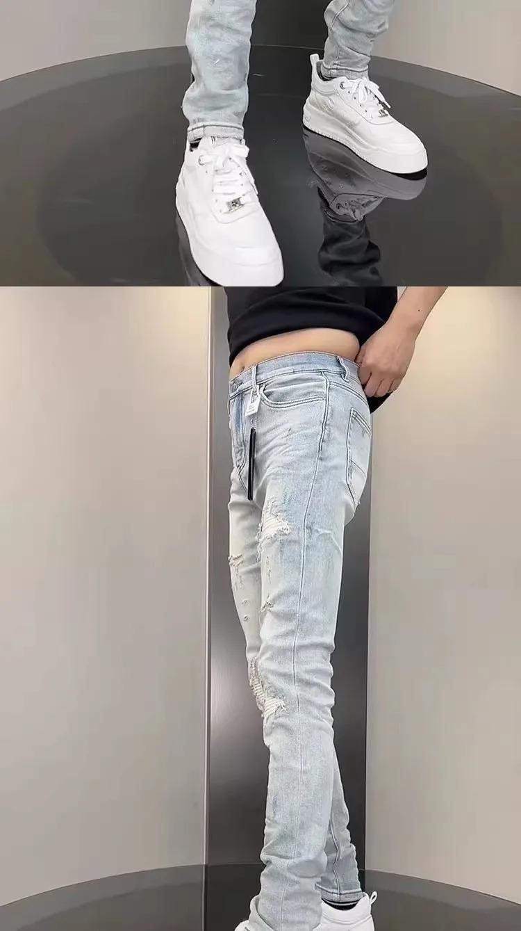 New Korean Luxury Clothing High Jeans for Men Fashion Slim Fit Pencil Pants with Holes Summer Casual Denim Trousers Male