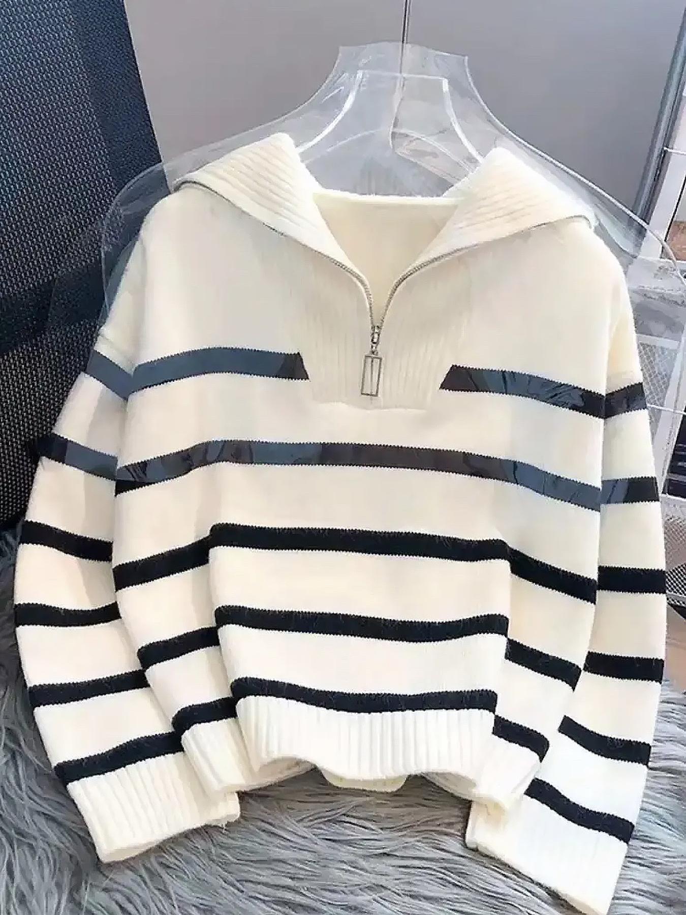 Women's Striped-Print Drop-Shoulder Sweater with Half-Zipper, Casual Long-Sleeve Collared Jumper for Daily Outdoor Wear, Knitwear for Fall & Winter, National Day Outfit