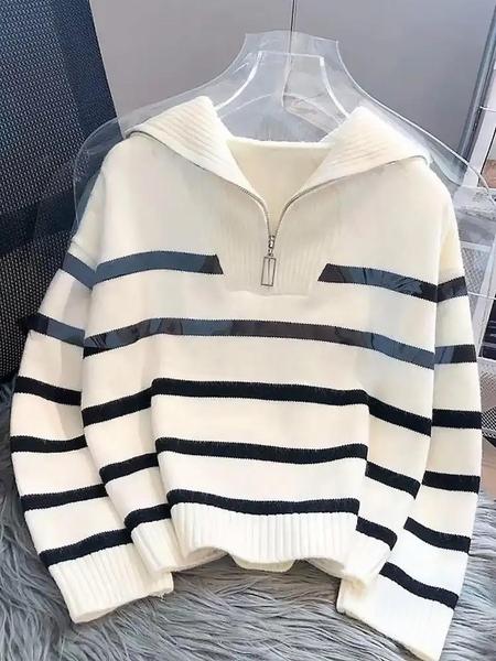 Women's Striped-Print Drop-Shoulder Sweater with Half-Zipper, Casual Long-Sleeve Collared Jumper for Daily Outdoor Wear, Knitwear for Fall & Winter, National Day Outfit