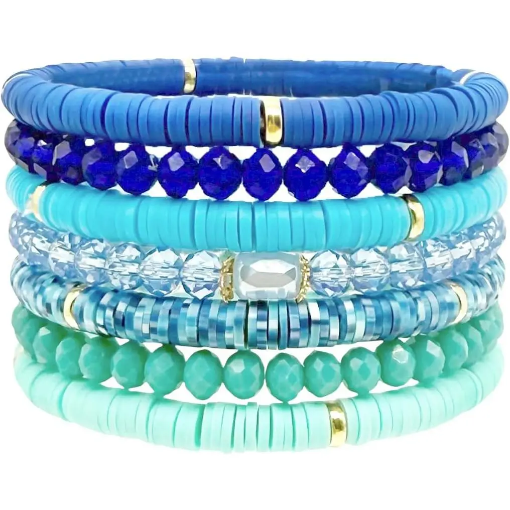 Soft Clay Stretch Bracelets Set 7 count Polymer Clay Sea Surfer Colorful Glass Beads Bracelet for Women Stackable Preppy Boho Wrist
