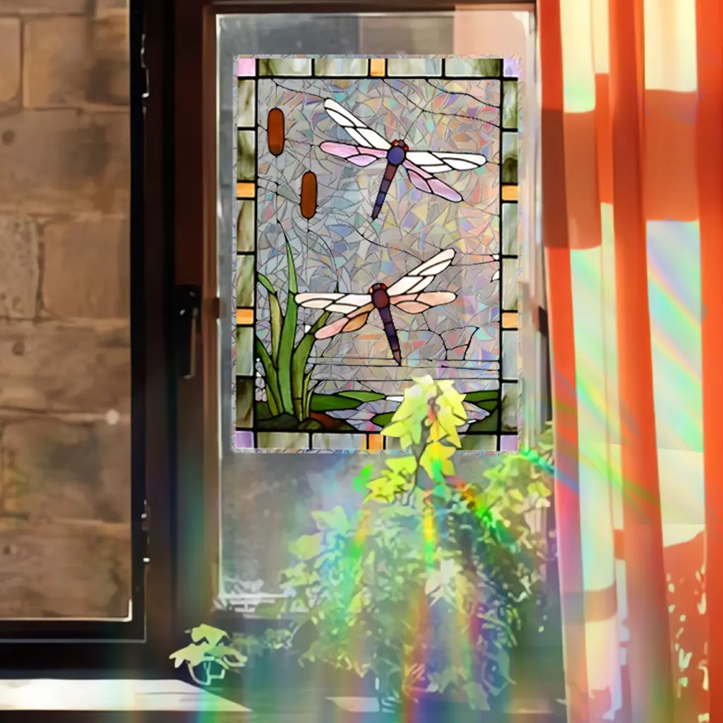 1Pc Retro Dragonfly Water Lily Electrostatic Film Sticker - Waterproof, Detachable, Reusable, Electrostatic Adsorption Creative DIY Electrostatic Film Suitable for Balcony Glass, Doors and Windows, Home Decoration, Room Decoration and Other Scenes