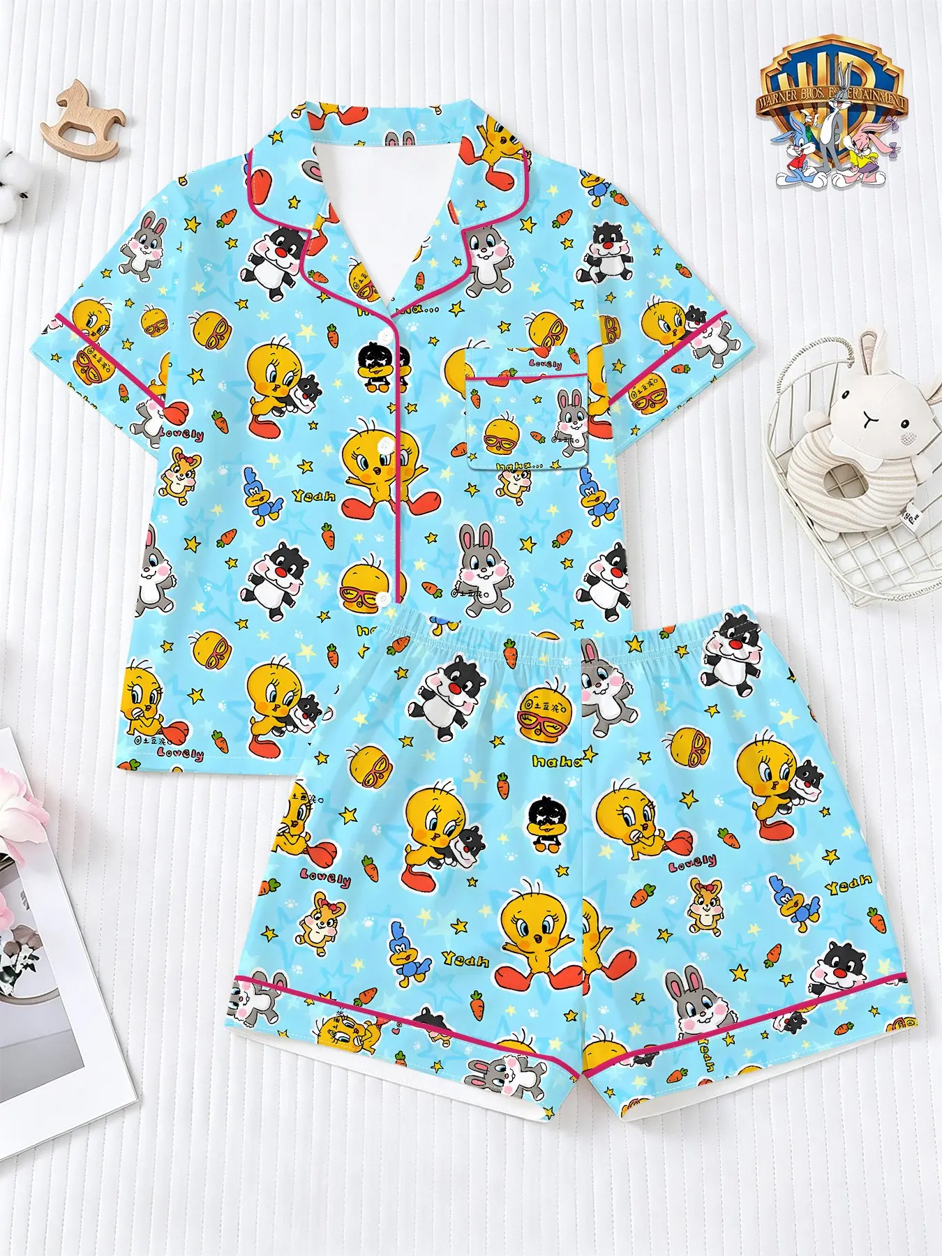 Warner Bros. Official Looney Tunes Tweety Bird Light Blue Cartoon Kids Pajama Set, Loose-Fitting Casual Sleepwear, Two-Piece Home