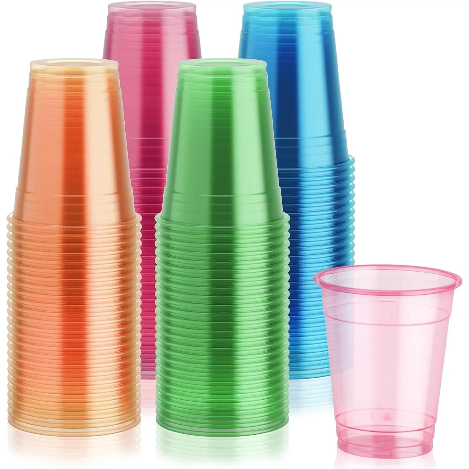 100 Pack 12 oz Neon Glowing Plastic Party Cups - Assorted Colors for Parties, Carnivals, and Events