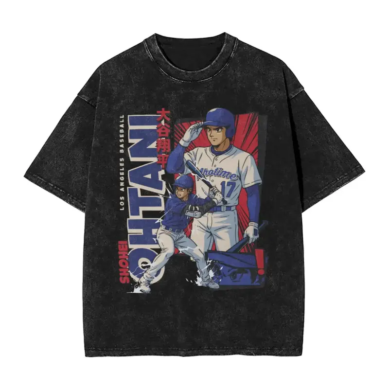 Ohtani Dodgers Anime Style Men's T-Shirt, Washed Fun T-Shirt, Short Sleeve Round Neck T-Shirt, 100% Cotton, Plus Size Clothing